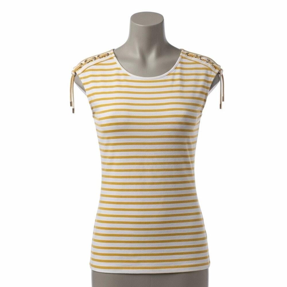 Calvin Klein Sleeveless Blouse Large Yellow White Striped Chain Grommet Top